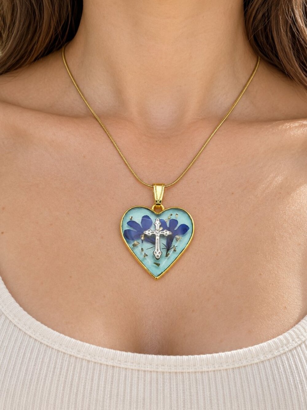 Handmade Lobelia Flower Heart & Cross Resin Necklace